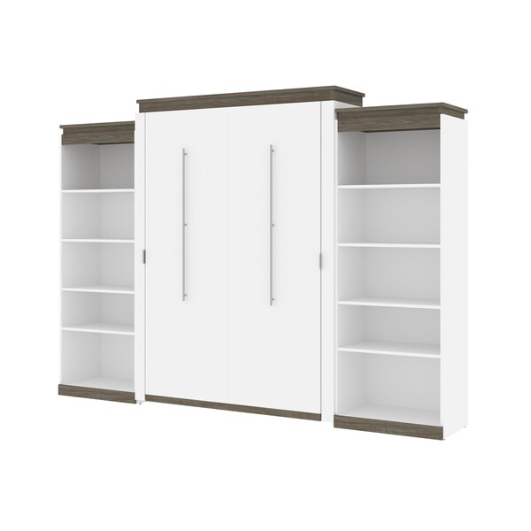 Orion 124W Queen Murphy Bed with 2 Shelving Units (125W), White & Walnut Grey